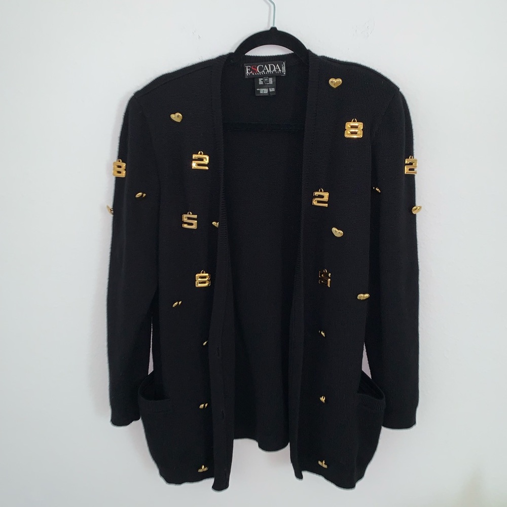 Escada Black Cardigan Sweater with Gold Embellishments